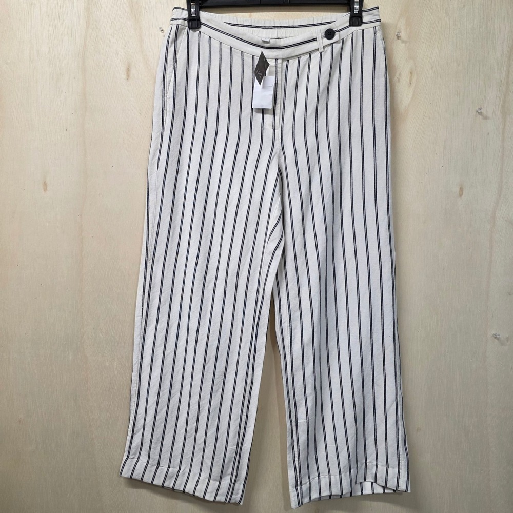 J. Jill Womens Size 12 Striped Wide Leg Pants Cream Navy Blue Linen Blend NWT